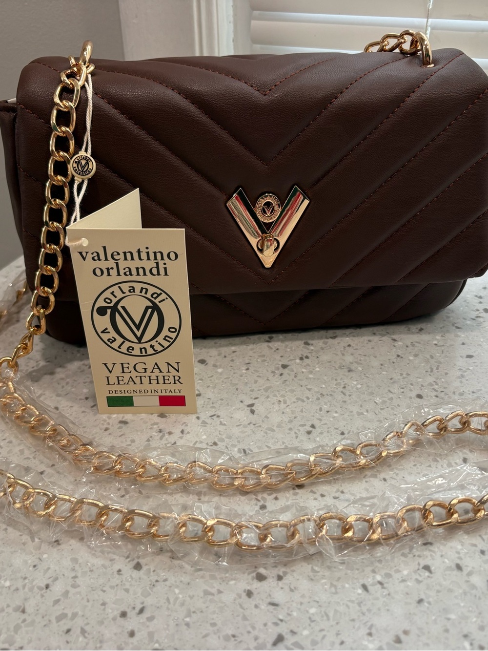 NWT Valentino Orlandi Chocolate Brown Quilted Shoulder Bag with Gold Chain Strap - Picture 3 of 16